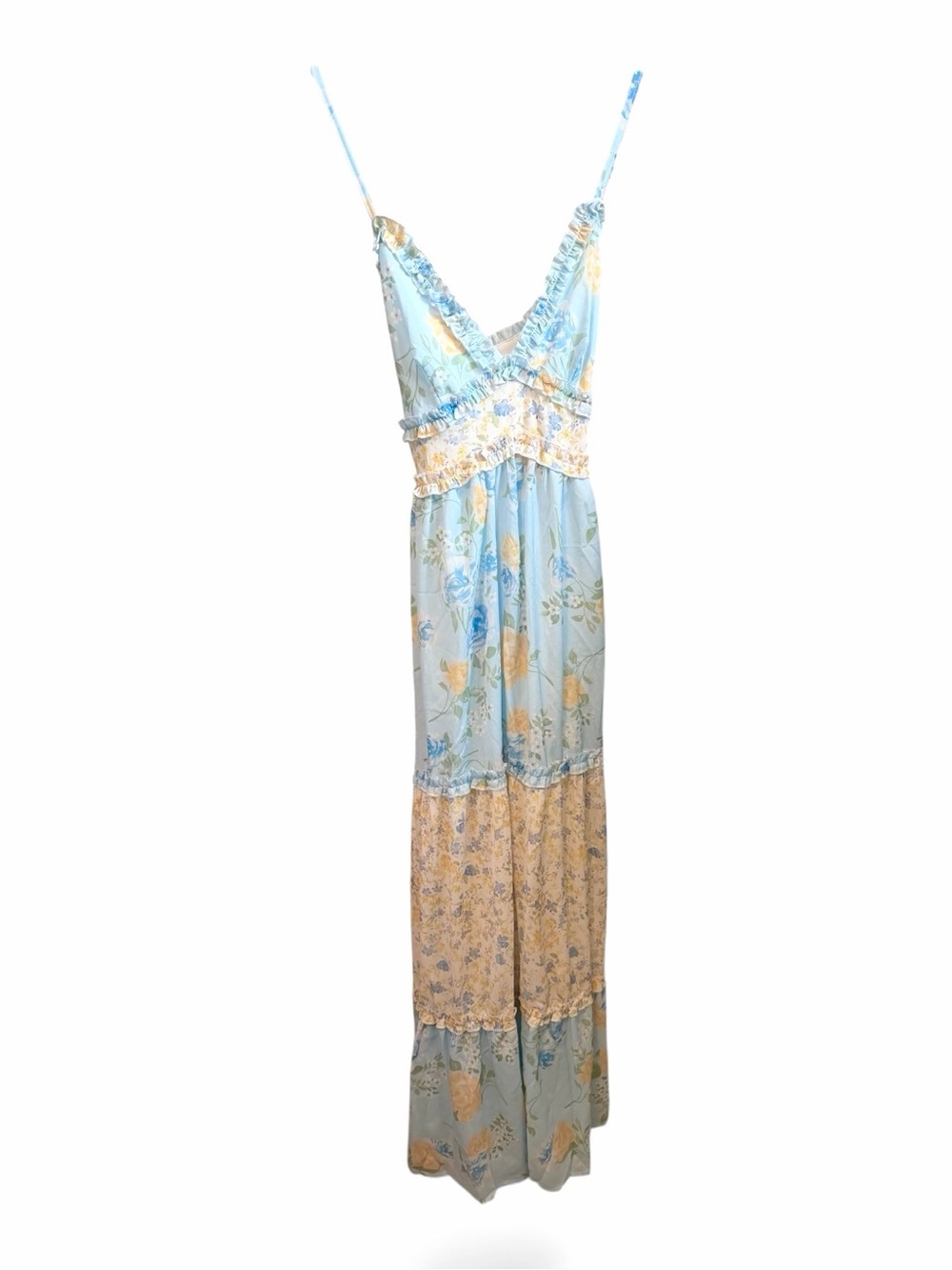 Amazon Light Blue and Yellow Floral Tiered Maxi Slip Dress